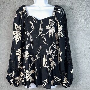Angie Top Womens 3X Black Blouse Floral Smocked Bodice Baby Doll Lace Y2K Boho